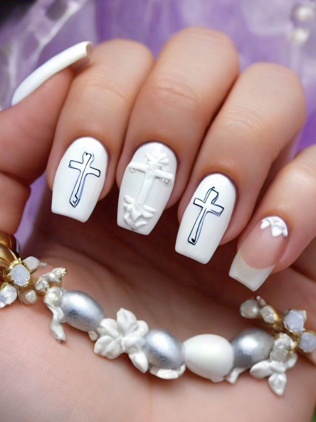 A cute woman holding a white nail with a cross on it, symbolizing Easter.