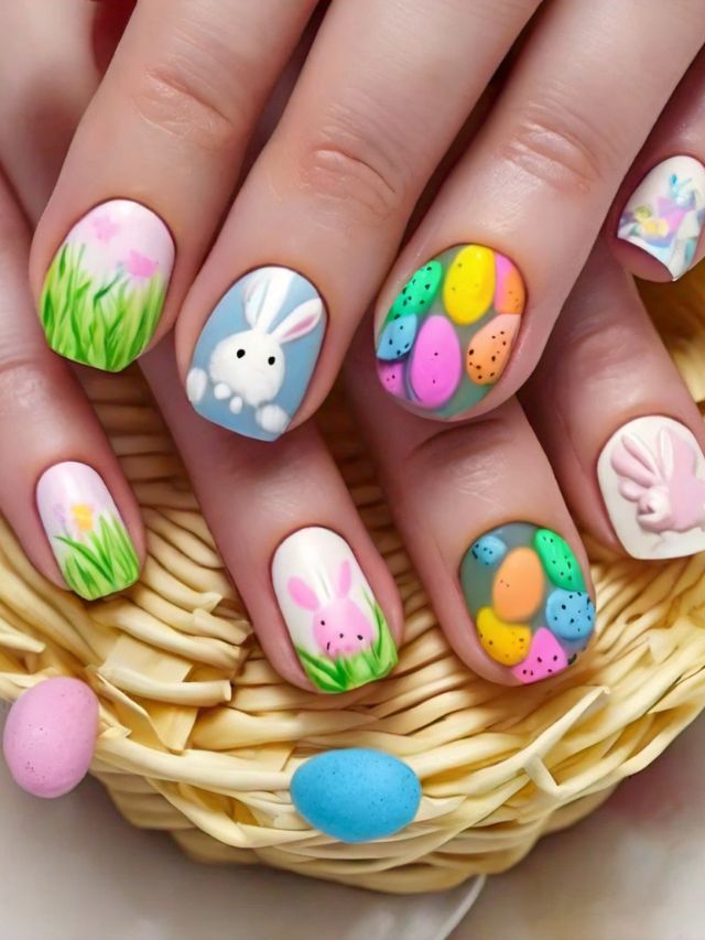 Explore creative nail designs for Easter with a woman's hand adorned in festive Easter nails and holding a basket filled with eggs.