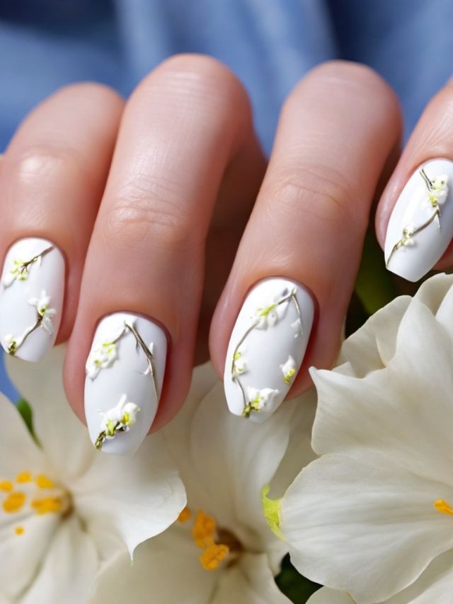 A woman's hand with cute white nails adorned with flowers.