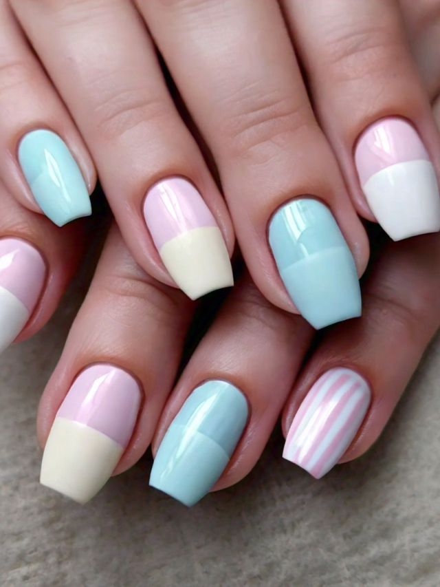 A woman's hand with pink, blue, and white nails for a cute Easter look.