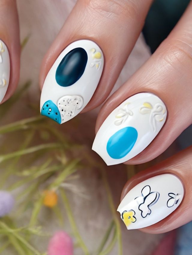 A woman's nails are decorated with cute Easter eggs.