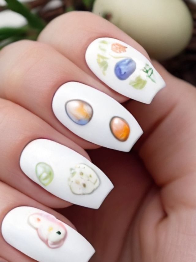 A woman's nails are decorated with cute Easter eggs.