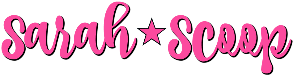 Logo of "sarah scoop" with pink cursive text and a star symbol.